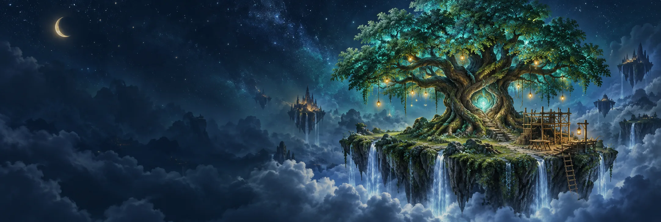 An enchanted tree glows above a floating island. Scaffolding, a ladder and lanterns hint at a little world being built.